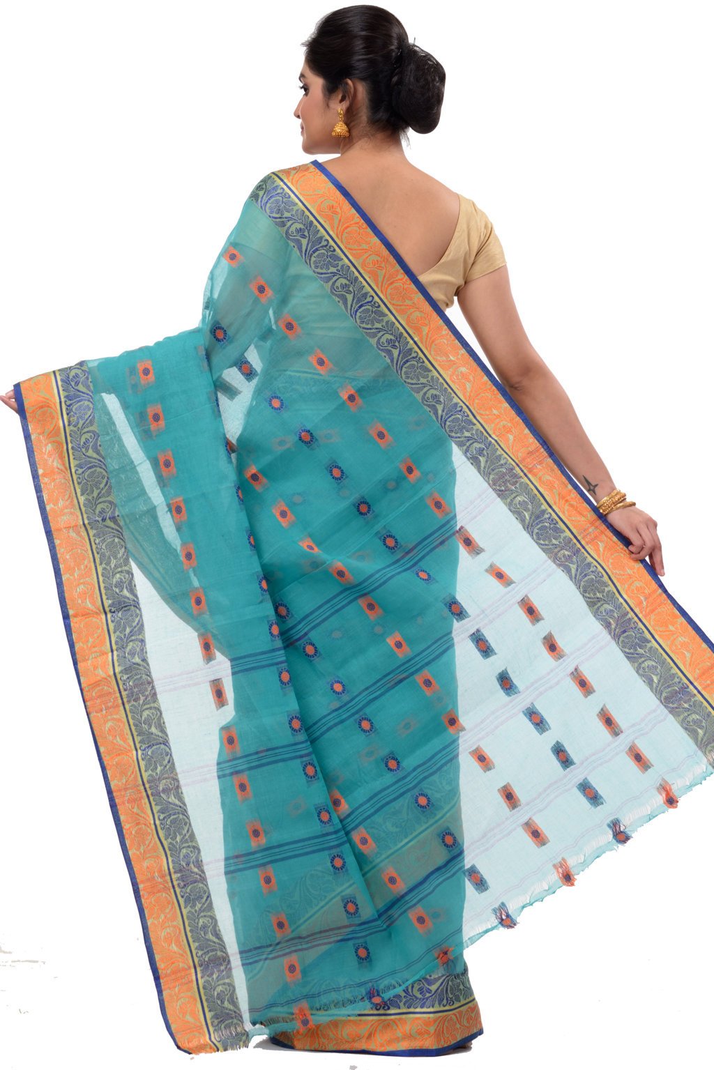 Green Pure Cotton Pushti Desiging Tant Saree (233)